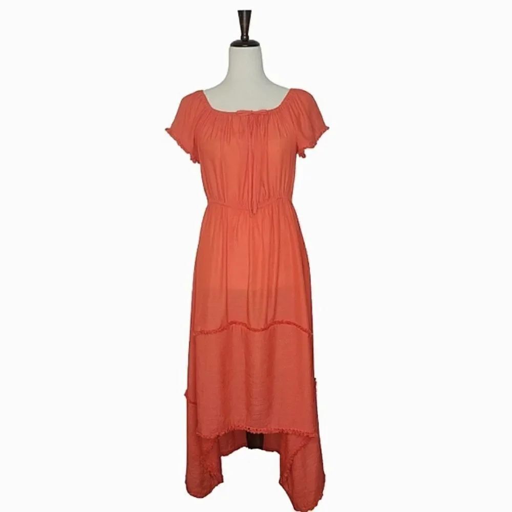 Easel Orange Off The Shoulder High-Low Fringed Maxi Dress Size S